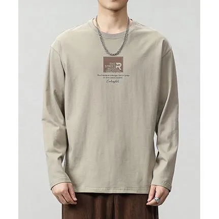 Pure Cotton Round Neck Simplicity Print Long Sleeve Tee