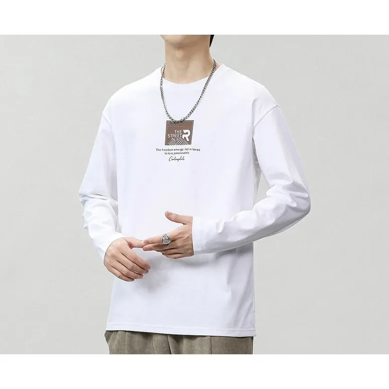 Pure Cotton Round Neck Simplicity Print Long Sleeve Tee