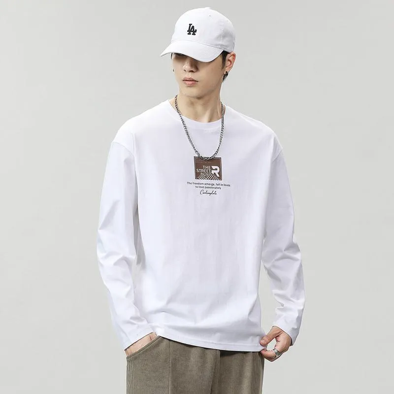 Pure Cotton Round Neck Simplicity Print Long Sleeve Tee