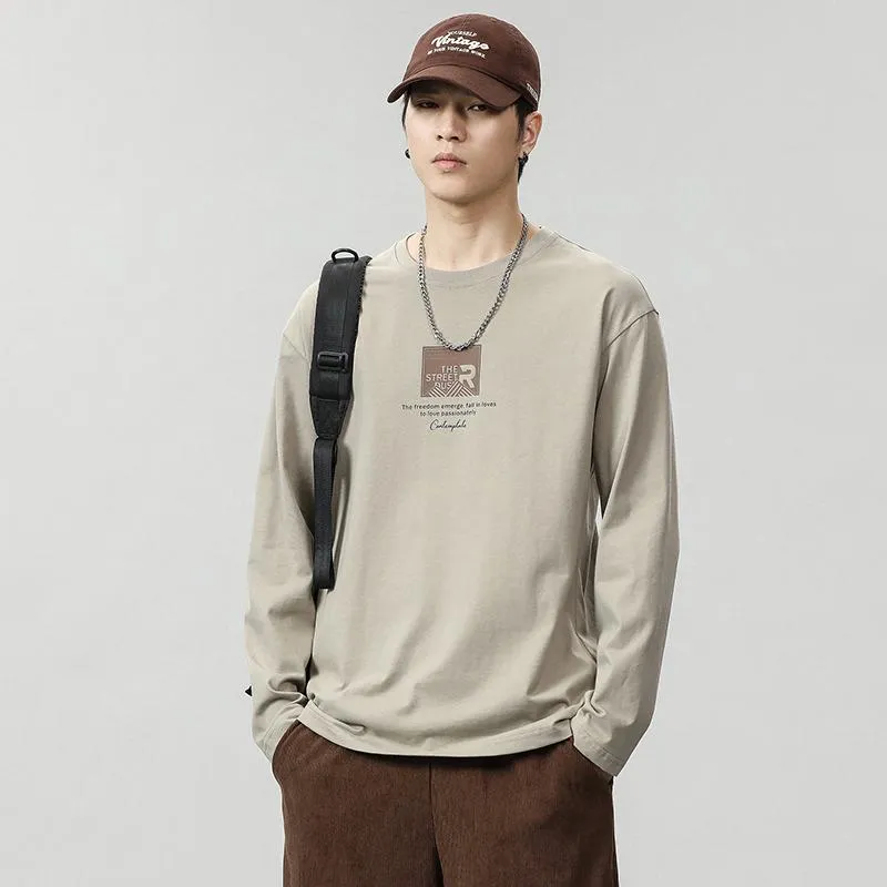 Pure Cotton Round Neck Simplicity Print Long Sleeve Tee