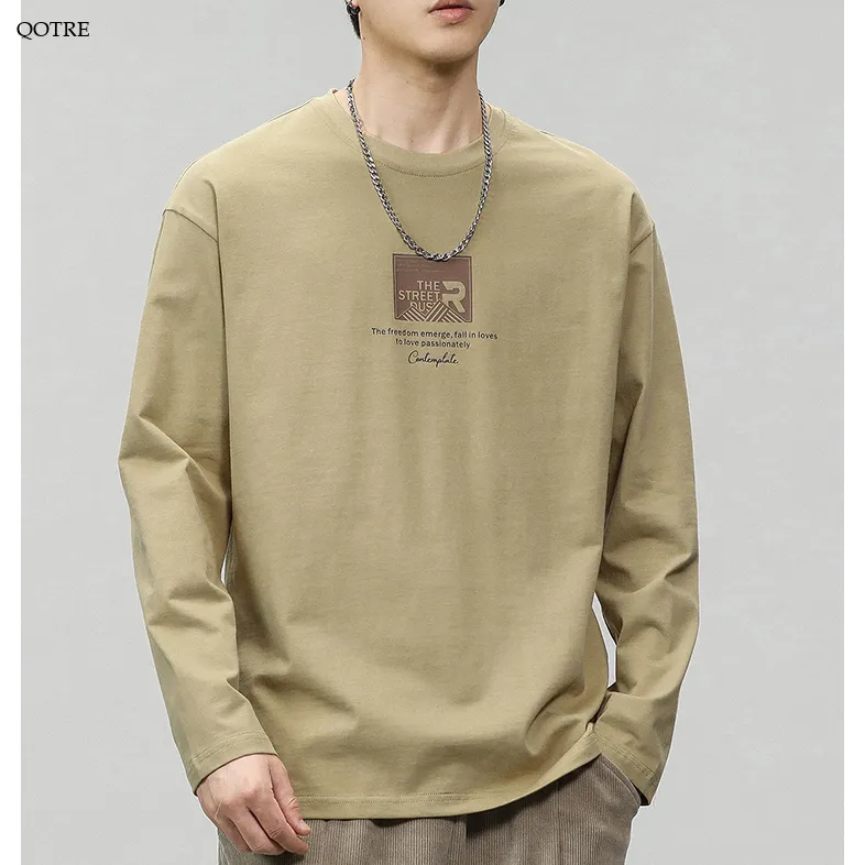 Pure Cotton Round Neck Simplicity Print Long Sleeve Tee