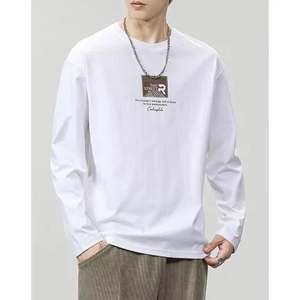 Pure Cotton Round Neck Simplicity Print Long Sleeve Tee