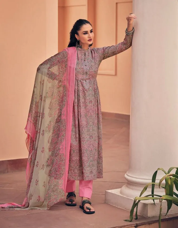 Pure Cotton Unstitched Suit With Pink Chiffon Dupatta
