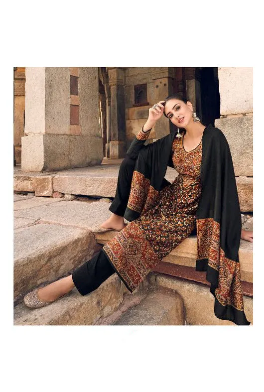 Pure Handloom Weaving Pashmina Black Winter Suits Set