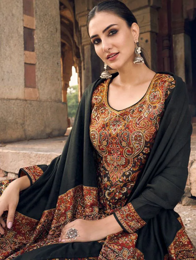 Pure Handloom Weaving Pashmina Black Winter Suits Set
