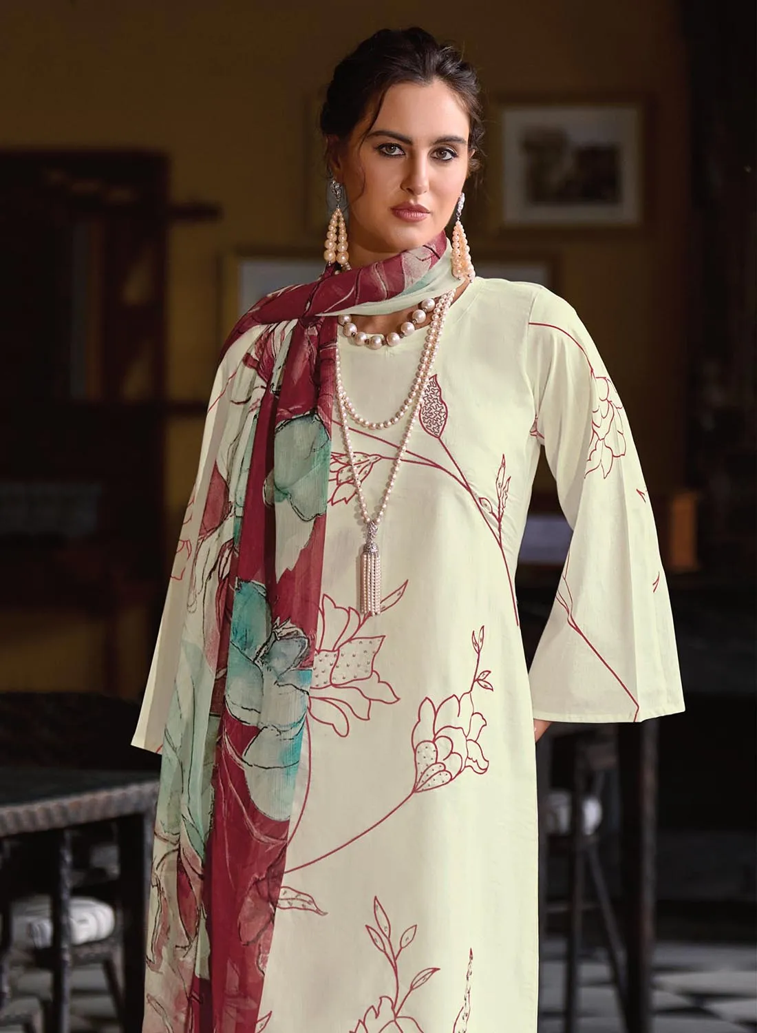 Pure Lawn Cotton Cream Unstitched Suit Dress Material for Ladies