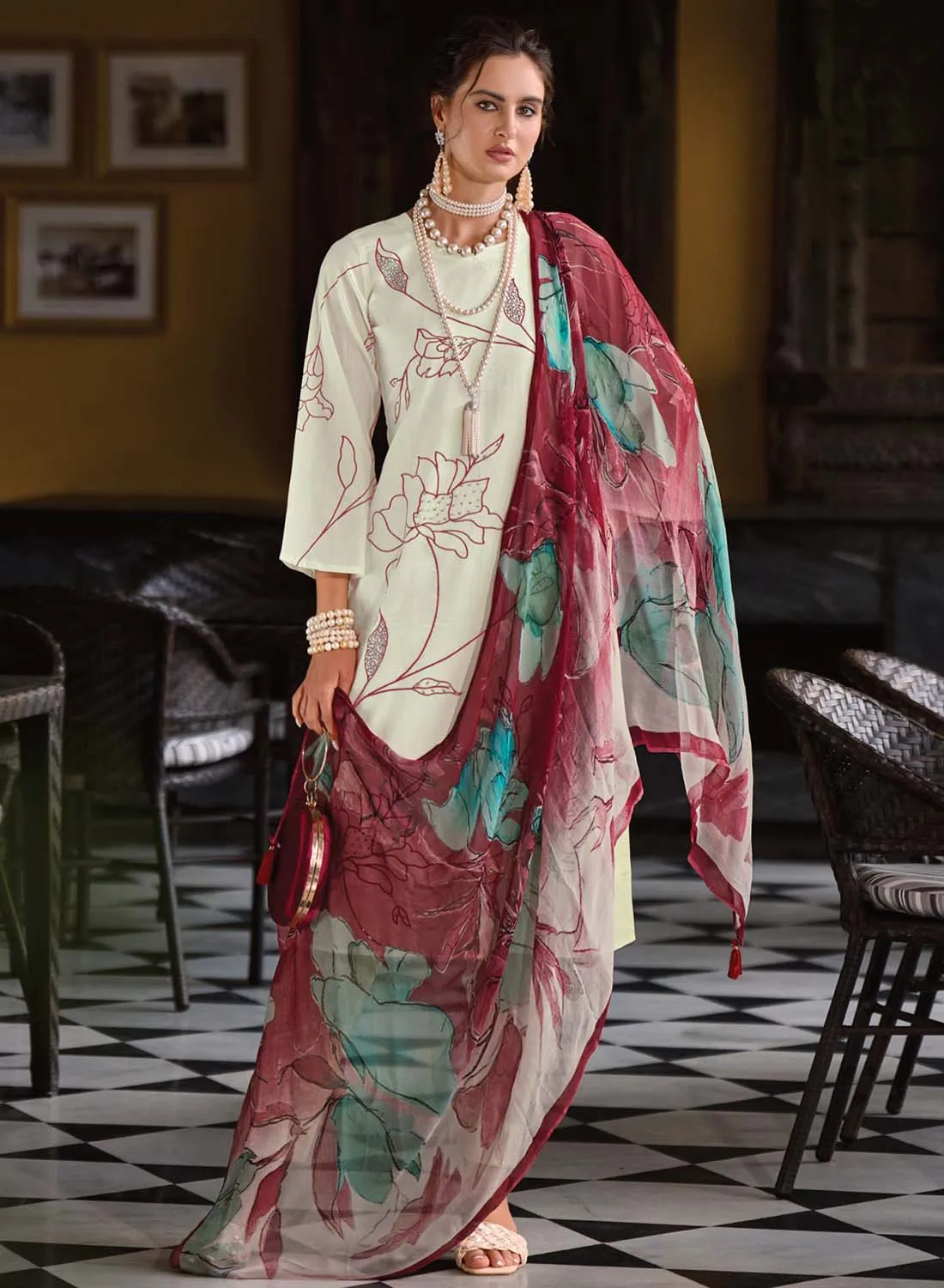 Pure Lawn Cotton Cream Unstitched Suit Dress Material for Ladies
