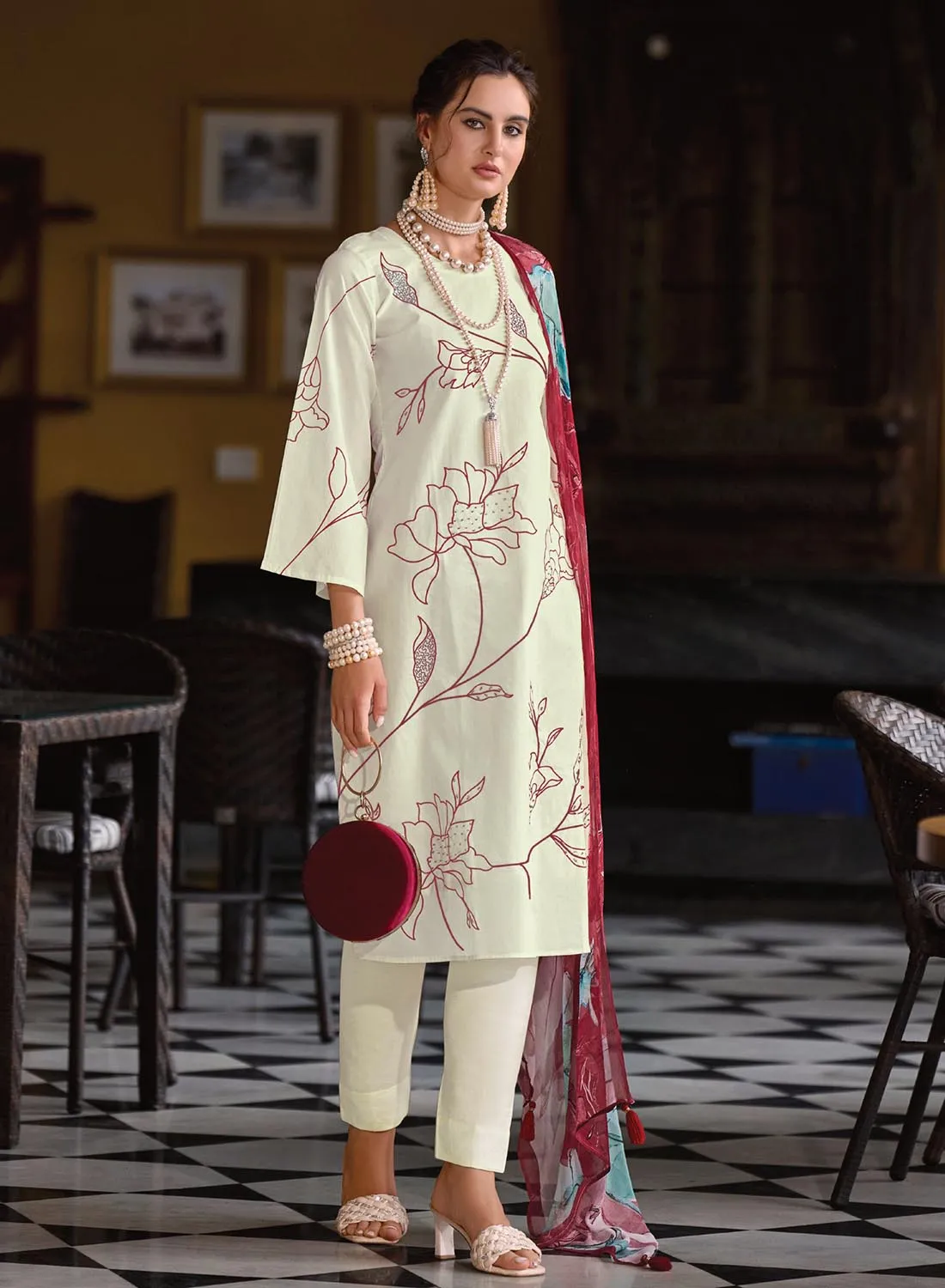 Pure Lawn Cotton Cream Unstitched Suit Dress Material for Ladies