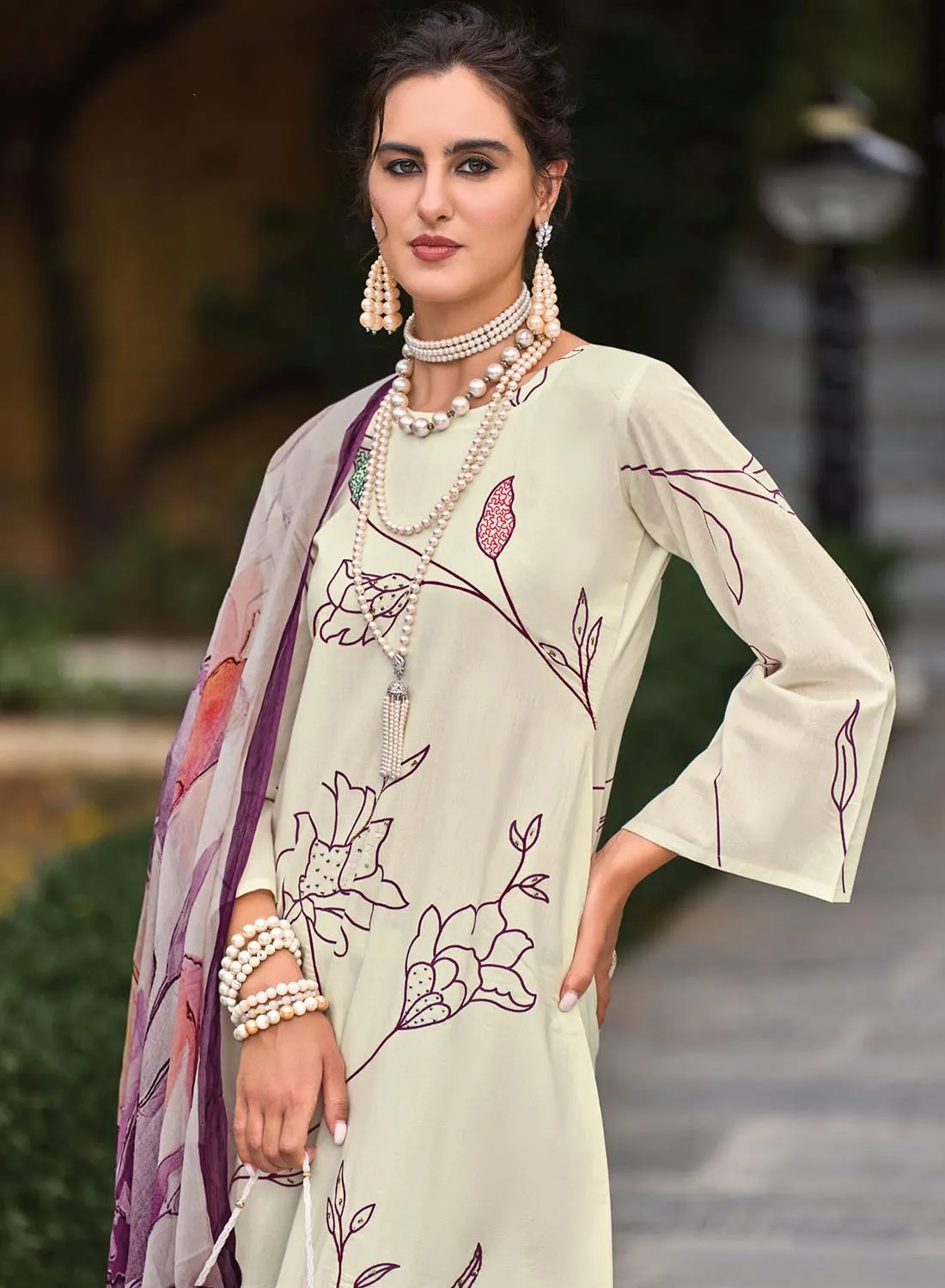 Pure Lawn Cotton Cream Unstitched Suit Dress Material for Women