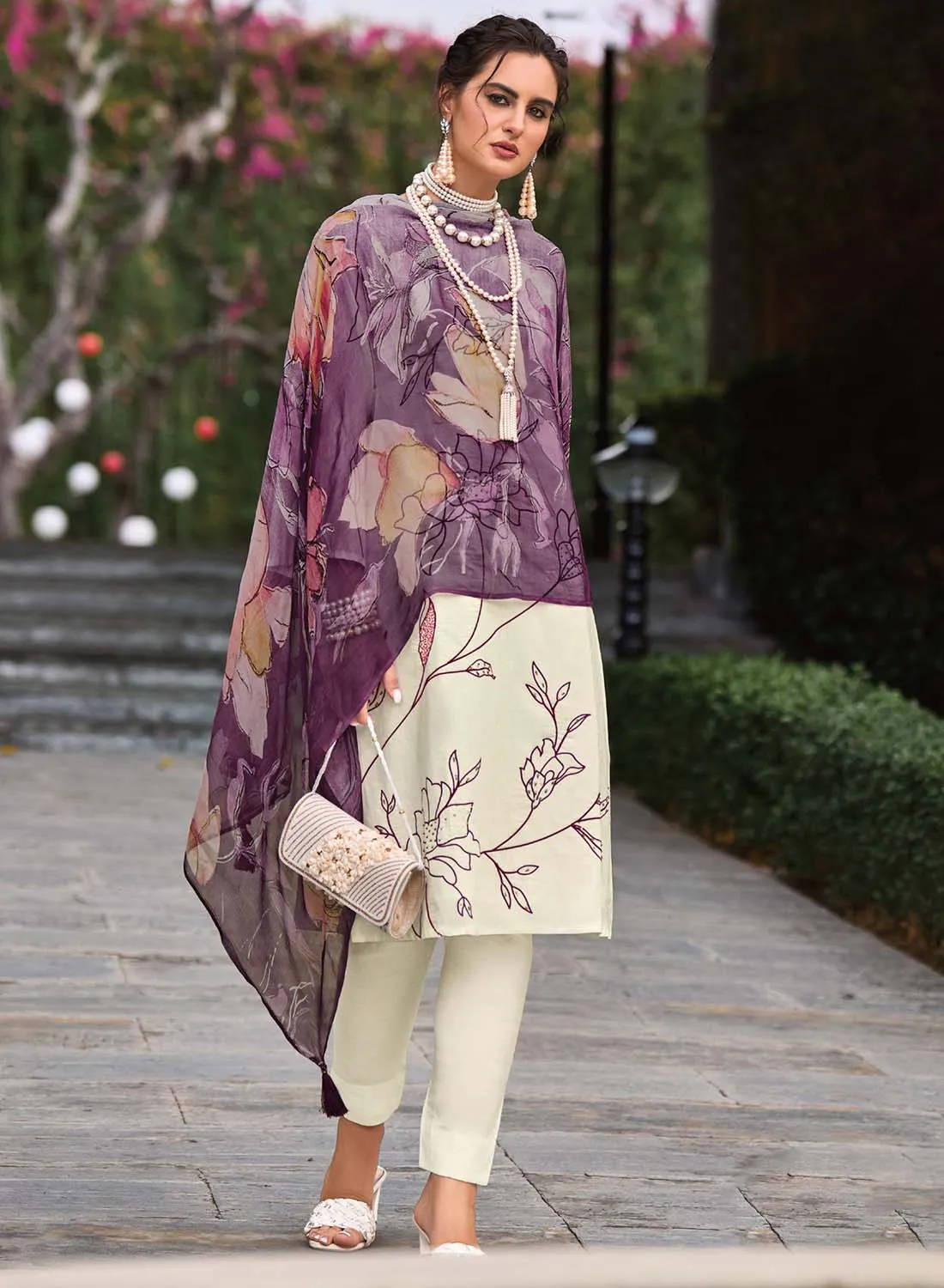 Pure Lawn Cotton Cream Unstitched Suit Dress Material for Women