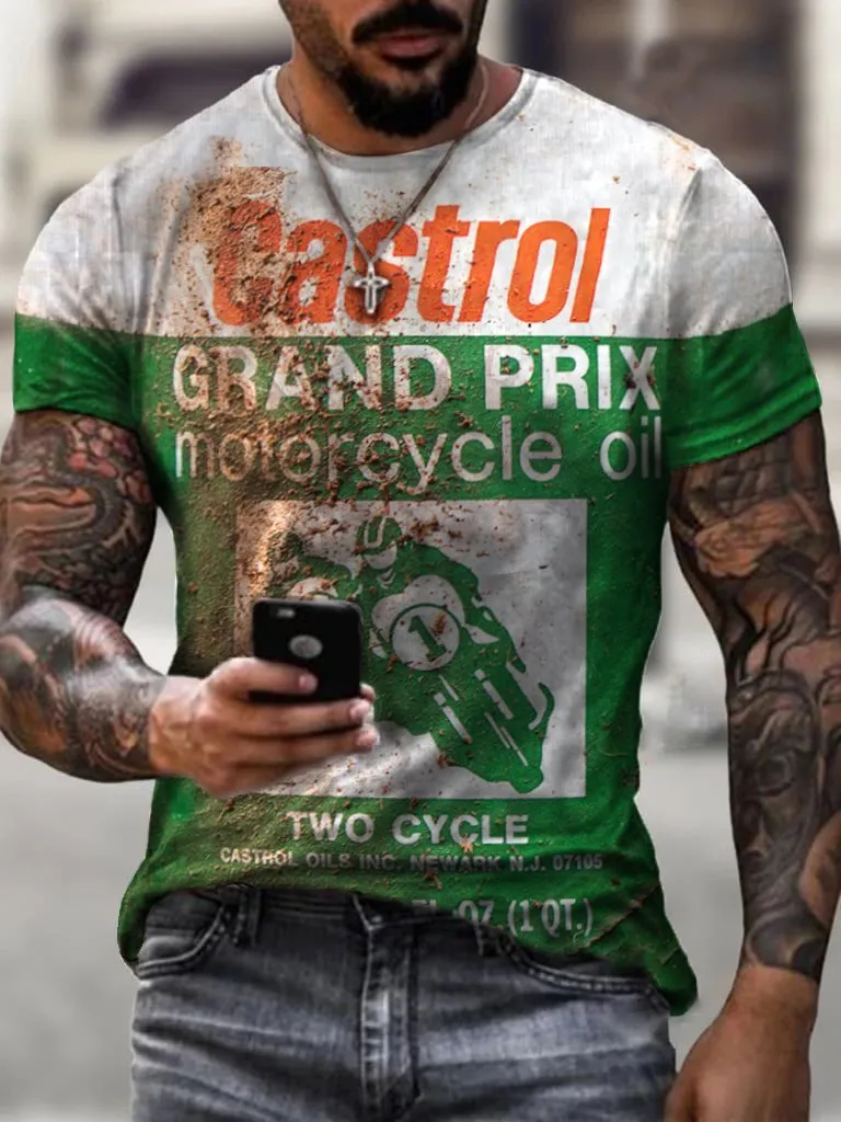 Retro Motorcycle Engine Oil Print Casual T-Shirt