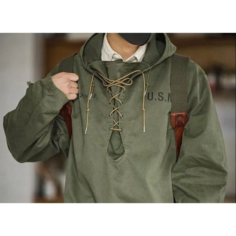 Retro Workwear Style Drawstring Anorak
