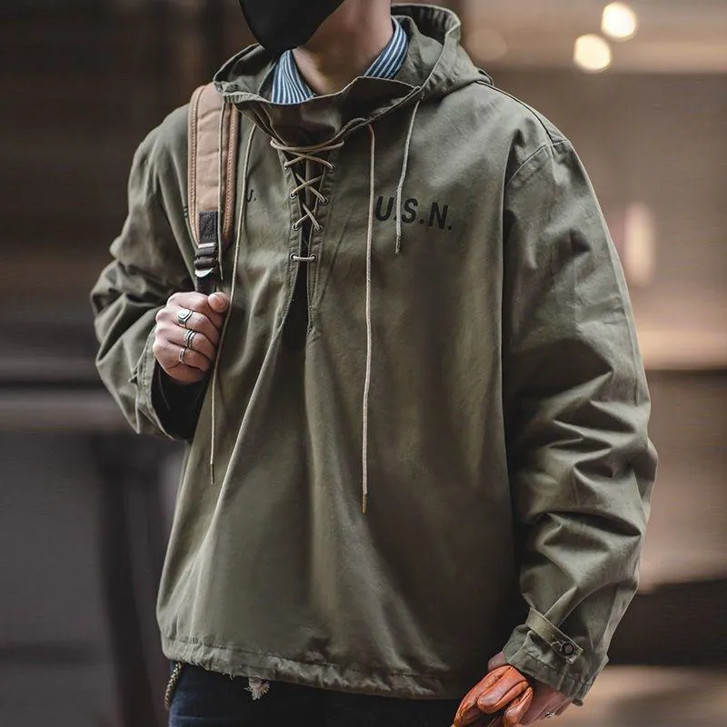 Retro Workwear Style Drawstring Anorak