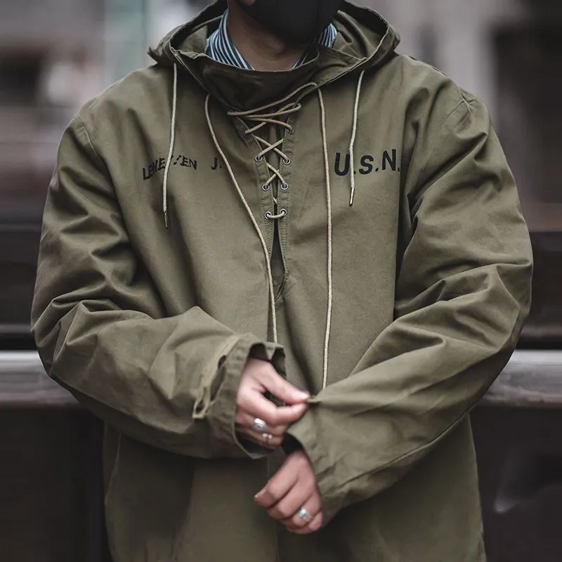 Retro Workwear Style Drawstring Anorak