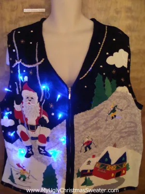 Santa on a Ski Lift Light Up Ugly Xmas Sweater Vest