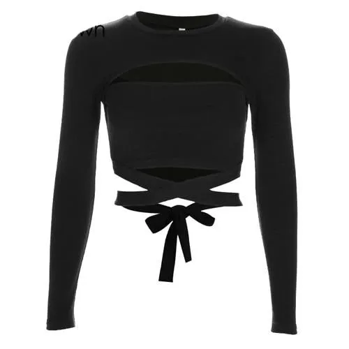 Sexy Criss Cross Bandage Crop Top Hollow Out Harajuku Long Sleeve