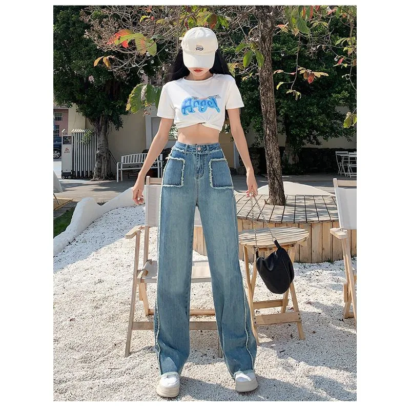 Slimming Draping Loose Fit Straight High-Waisted Thin Jeans