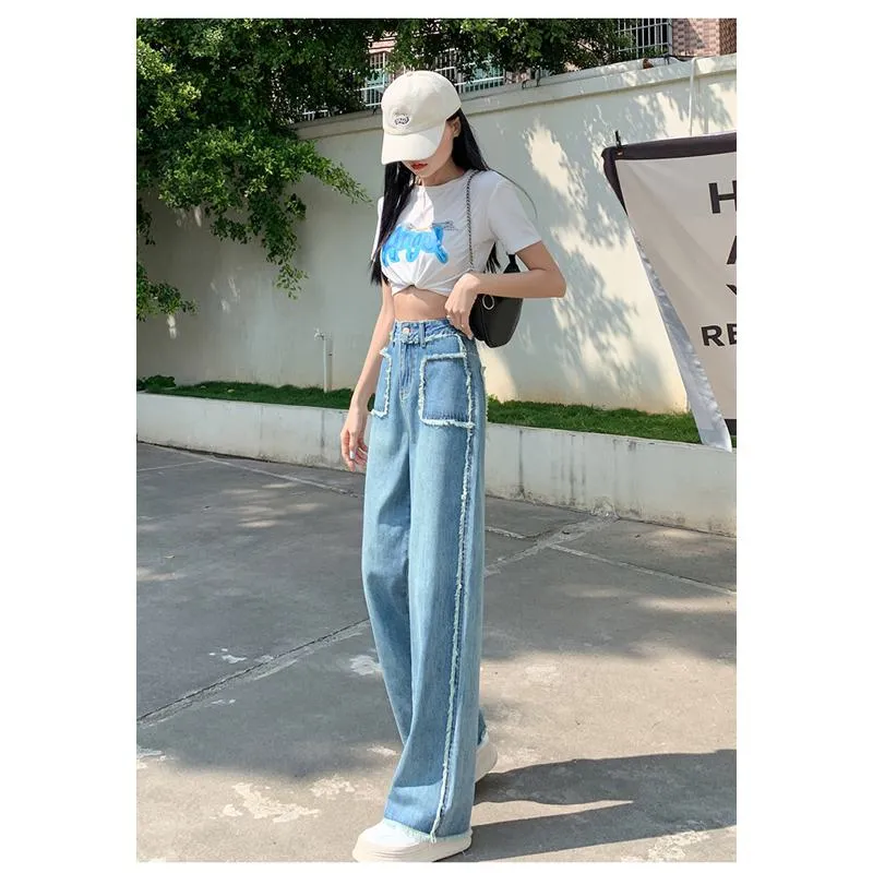 Slimming Draping Loose Fit Straight High-Waisted Thin Jeans