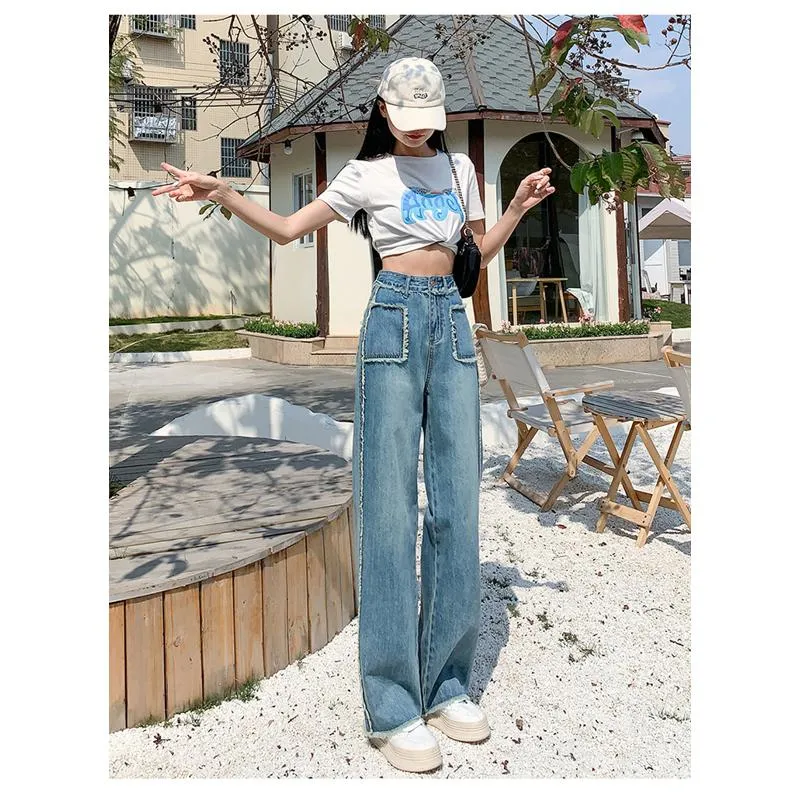 Slimming Draping Loose Fit Straight High-Waisted Thin Jeans