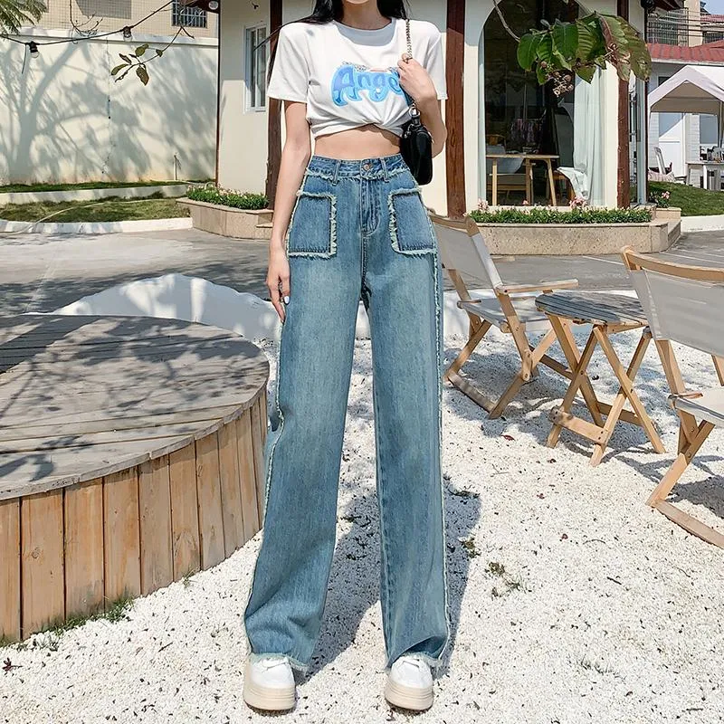 Slimming Draping Loose Fit Straight High-Waisted Thin Jeans