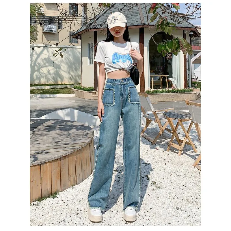 Slimming Draping Loose Fit Straight High-Waisted Thin Jeans