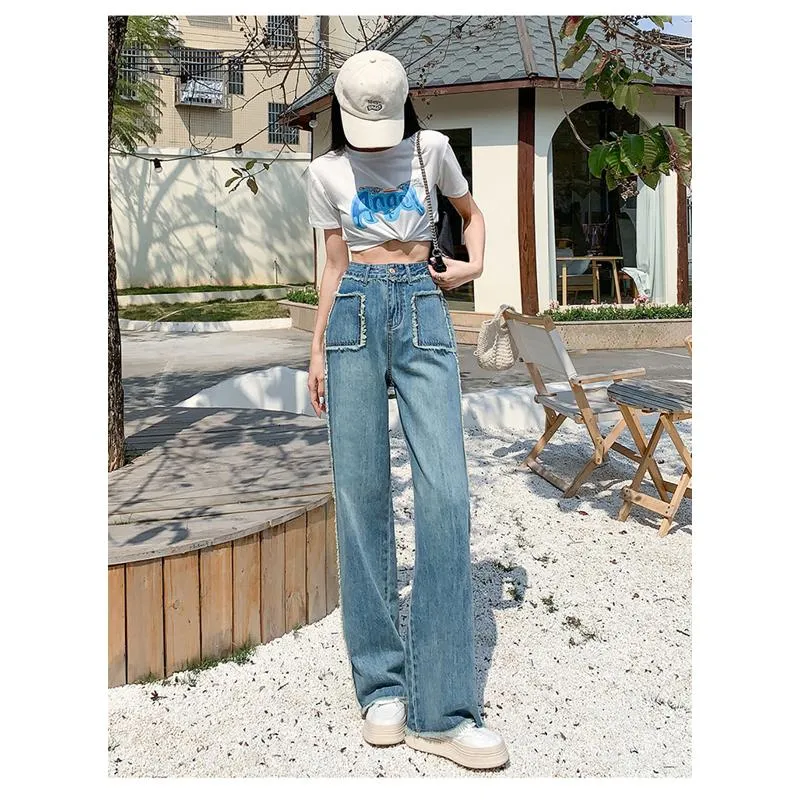 Slimming Draping Loose Fit Straight High-Waisted Thin Jeans