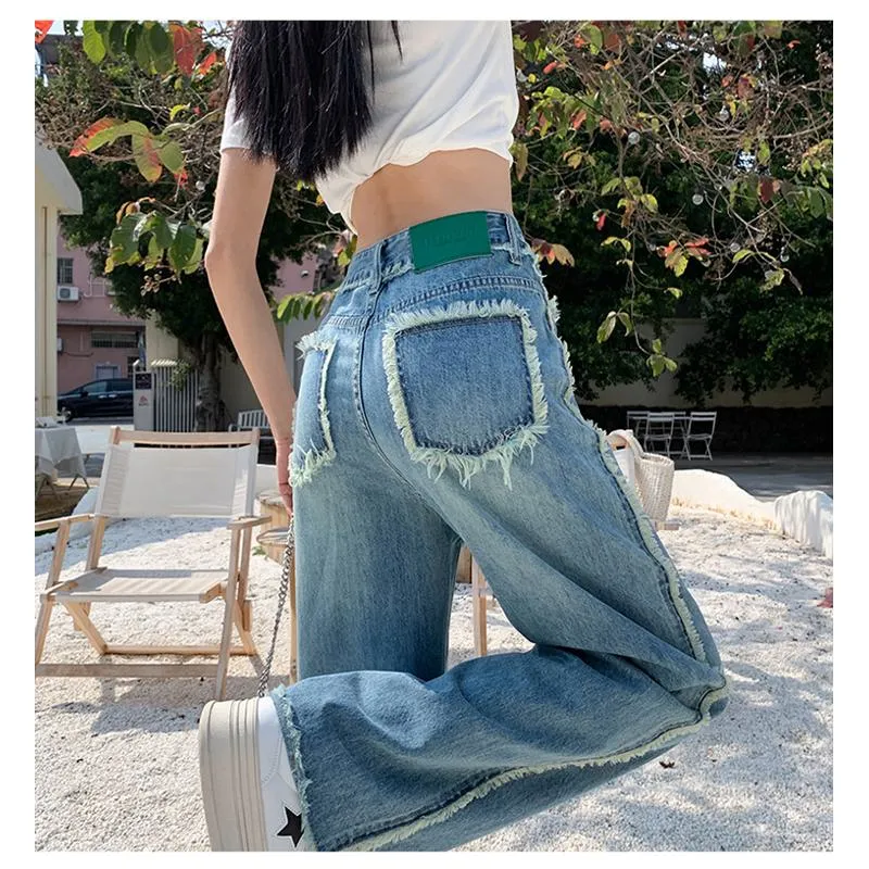 Slimming Draping Loose Fit Straight High-Waisted Thin Jeans