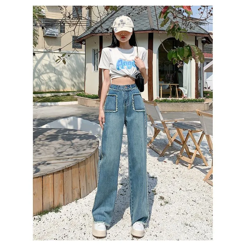 Slimming Draping Loose Fit Straight High-Waisted Thin Jeans