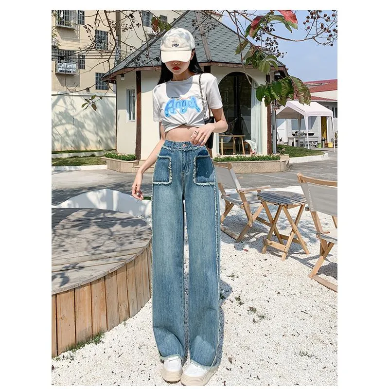 Slimming Draping Loose Fit Straight High-Waisted Thin Jeans