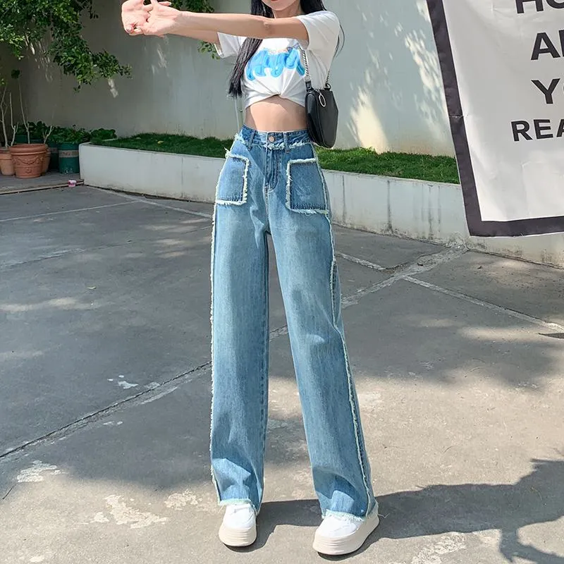 Slimming Draping Loose Fit Straight High-Waisted Thin Jeans