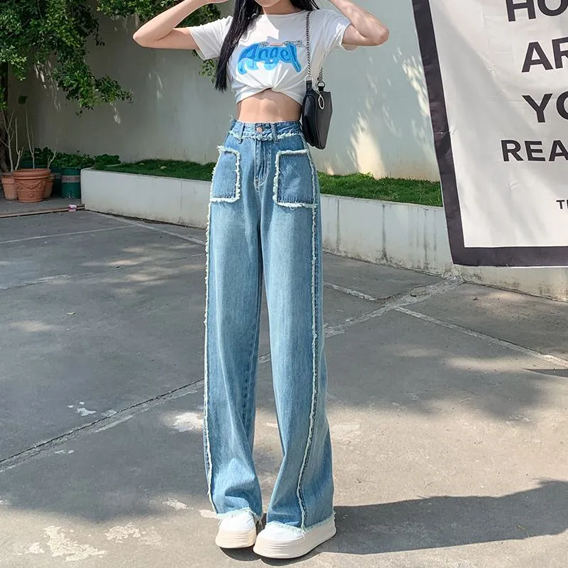 Slimming Draping Loose Fit Straight High-Waisted Thin Jeans
