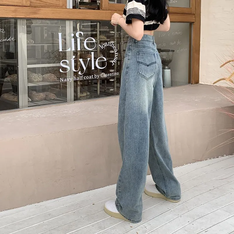 Slimming Floor-Length Draping Lengthened Straight Niche High-Waisted Wide-Leg Jeans