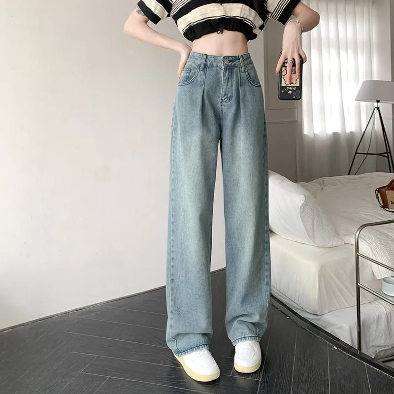 Slimming Floor-Length Draping Lengthened Straight Niche High-Waisted Wide-Leg Jeans