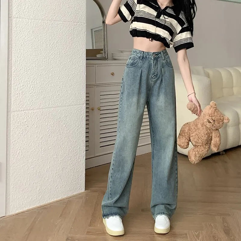 Slimming Floor-Length Draping Lengthened Straight Niche High-Waisted Wide-Leg Jeans