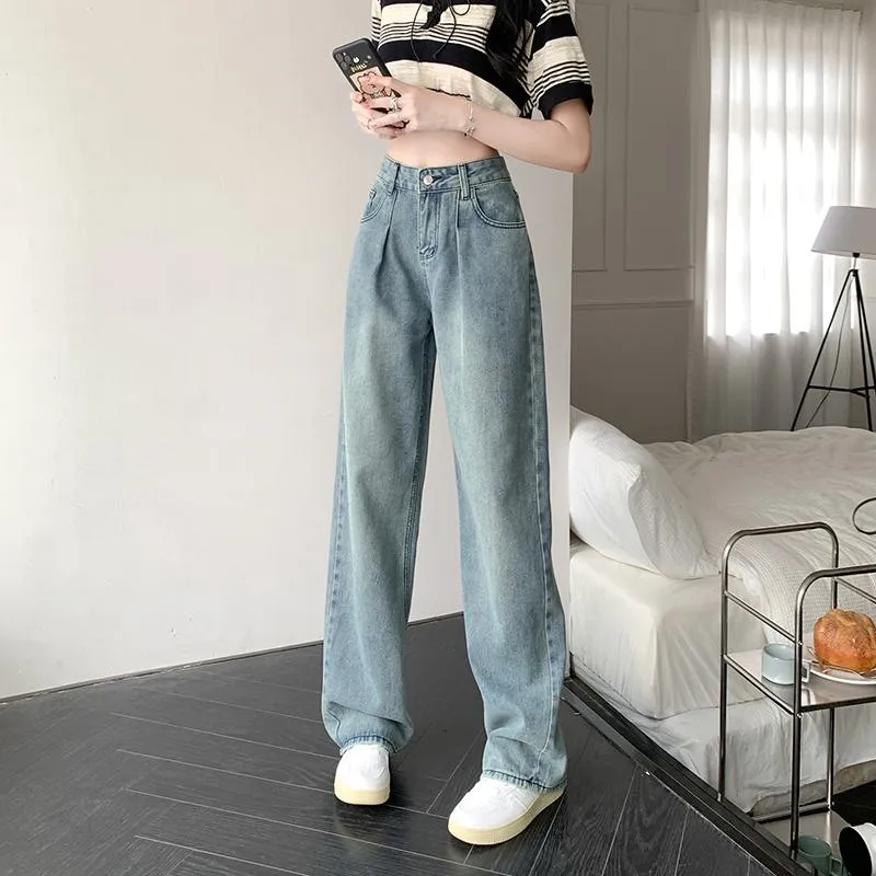 Slimming Floor-Length Draping Lengthened Straight Niche High-Waisted Wide-Leg Jeans