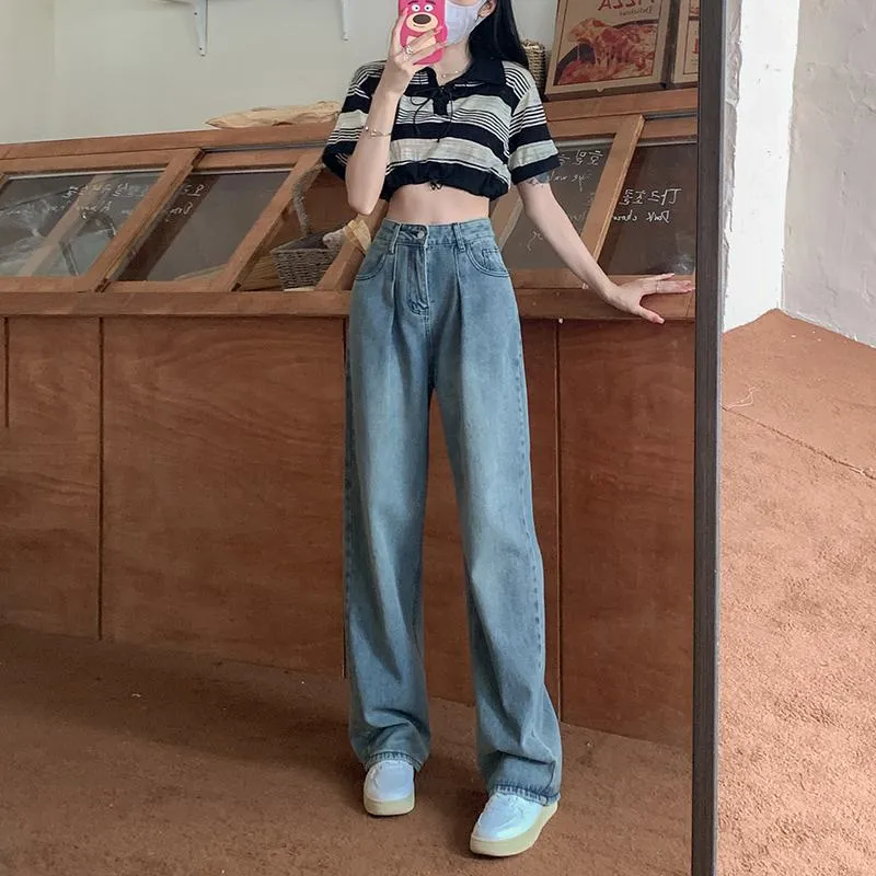 Slimming Floor-Length Draping Lengthened Straight Niche High-Waisted Wide-Leg Jeans