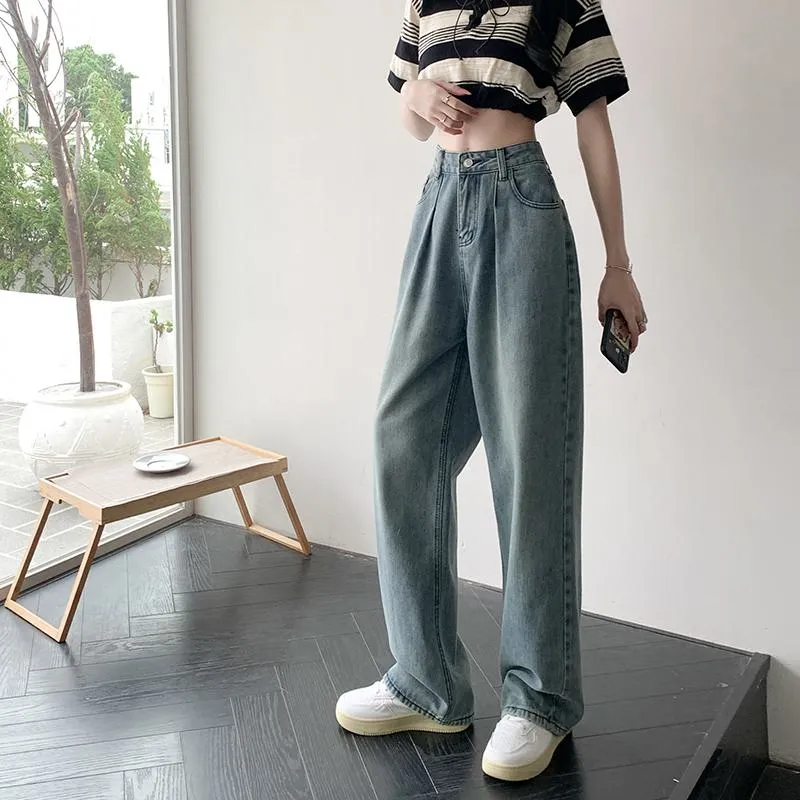 Slimming Floor-Length Draping Lengthened Straight Niche High-Waisted Wide-Leg Jeans