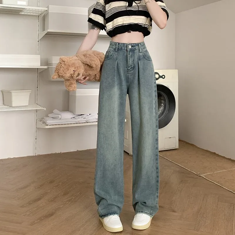Slimming Floor-Length Draping Lengthened Straight Niche High-Waisted Wide-Leg Jeans