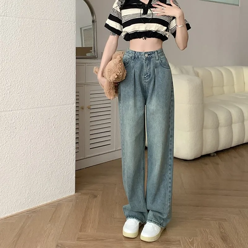 Slimming Floor-Length Draping Lengthened Straight Niche High-Waisted Wide-Leg Jeans