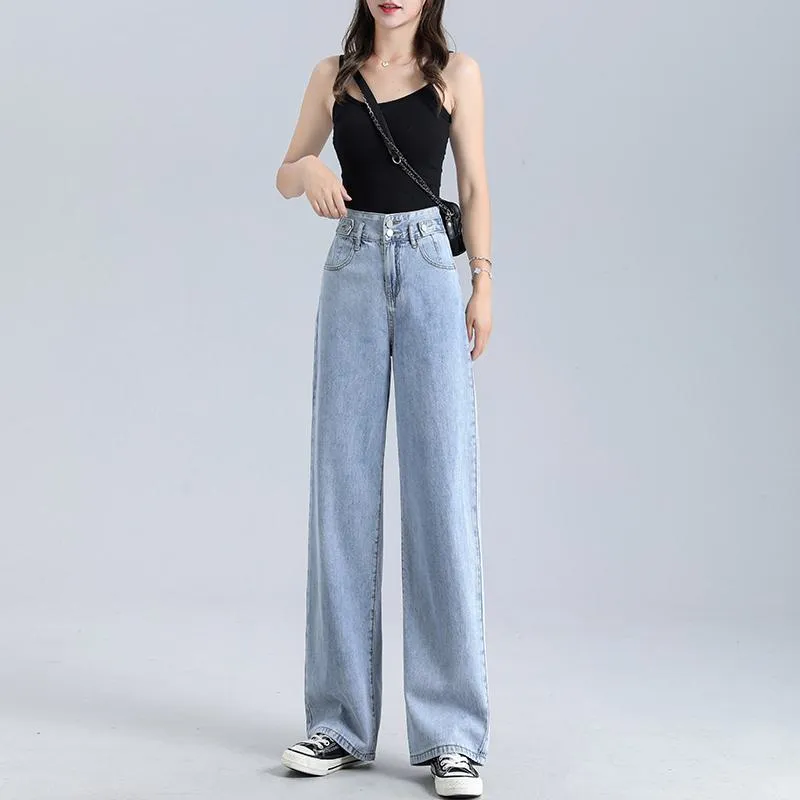 Slimming Floor-Length Draping Loose Fit Light-Colored Straight High-Waisted Jeans
