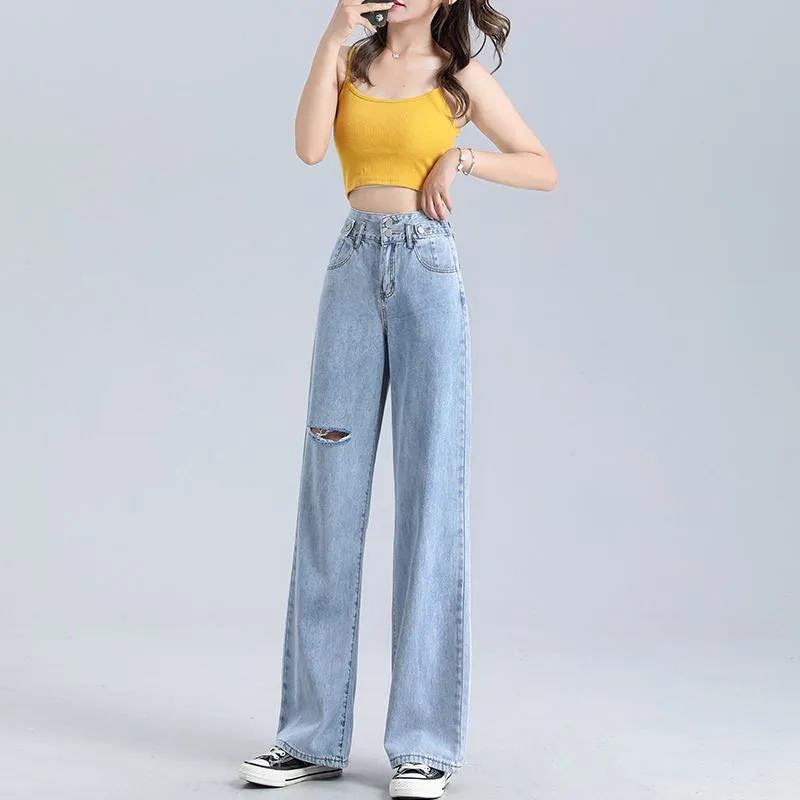 Slimming Floor-Length Draping Loose Fit Light-Colored Straight High-Waisted Jeans