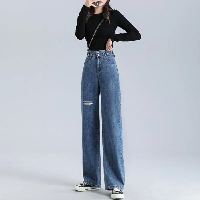 Slimming Floor-Length Draping Loose Fit Light-Colored Straight High-Waisted Jeans