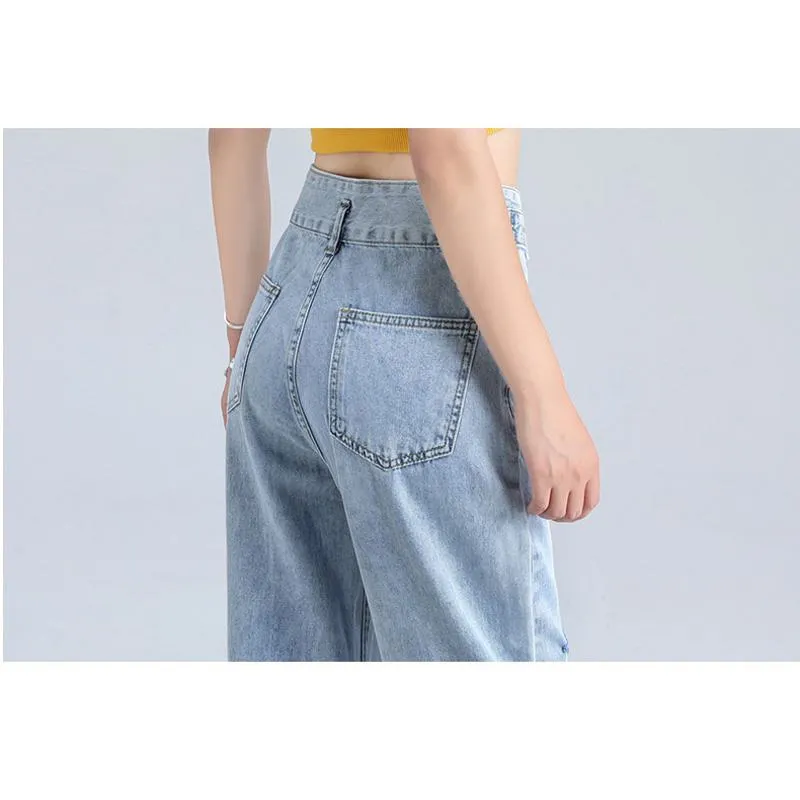 Slimming Floor-Length Draping Loose Fit Light-Colored Straight High-Waisted Jeans