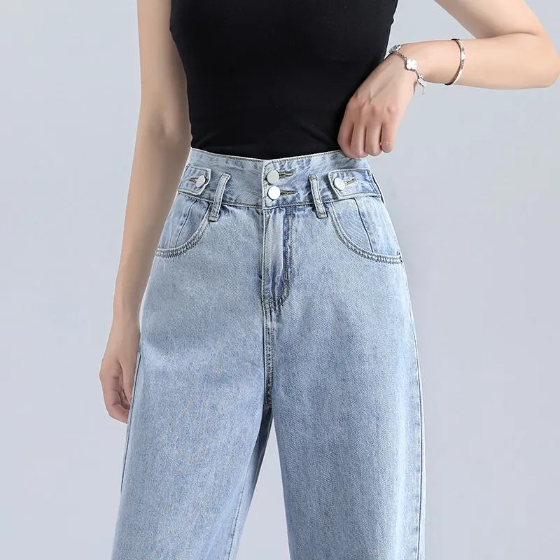 Slimming Floor-Length Draping Loose Fit Light-Colored Straight High-Waisted Jeans