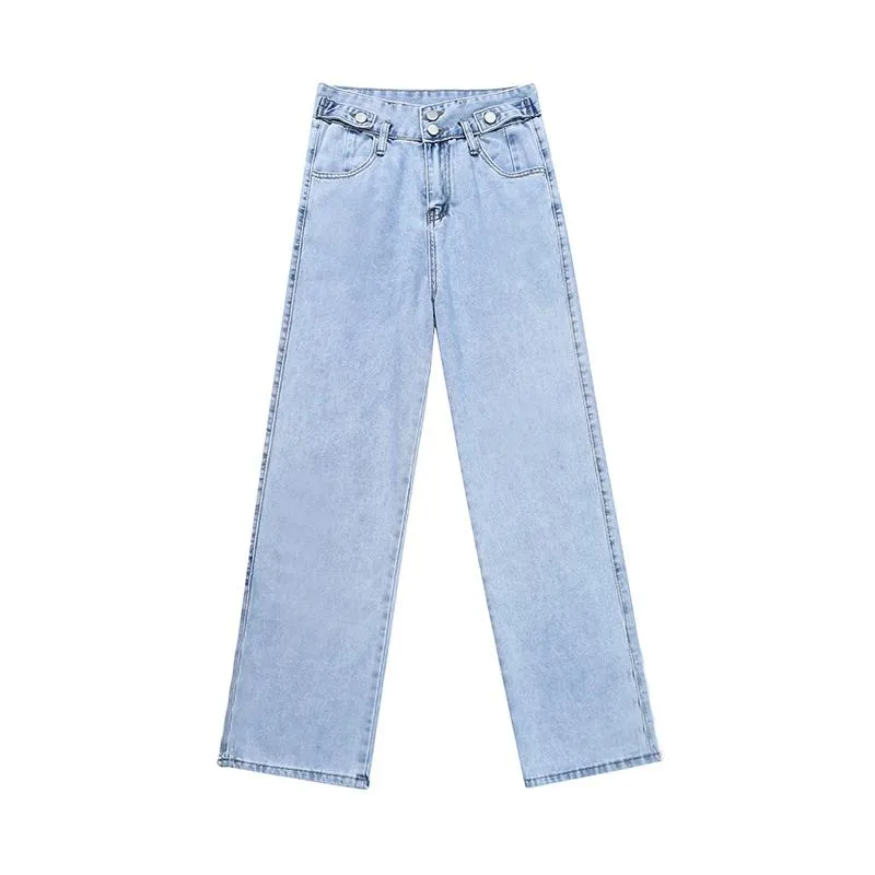 Slimming Floor-Length Draping Loose Fit Light-Colored Straight High-Waisted Jeans