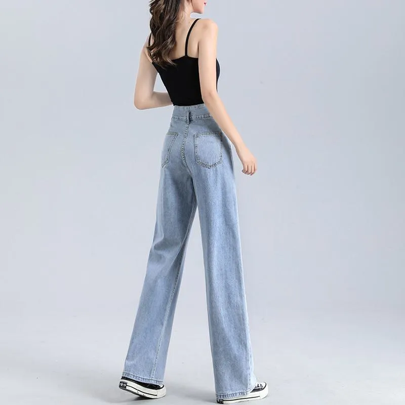 Slimming Floor-Length Draping Loose Fit Light-Colored Straight High-Waisted Jeans