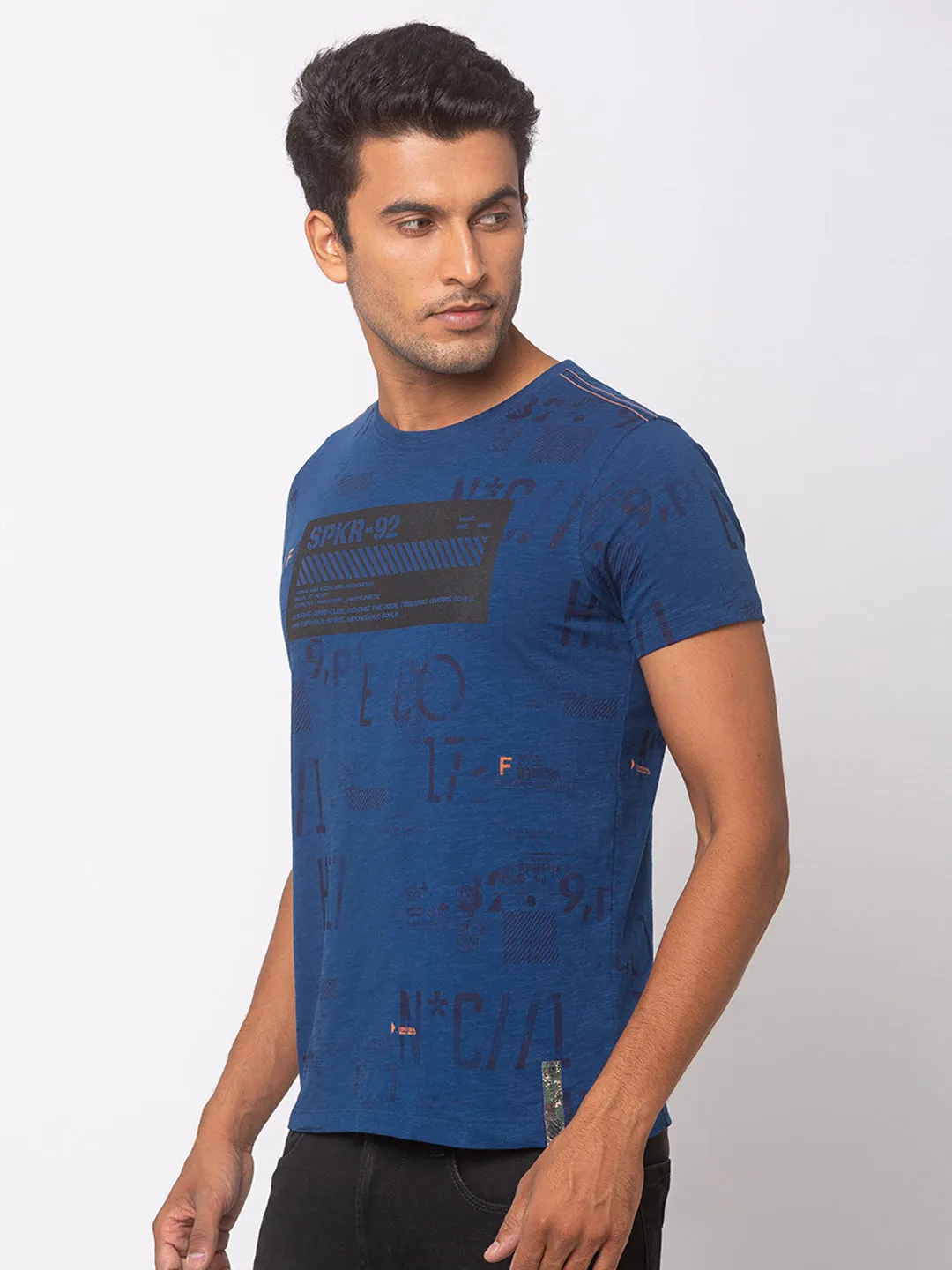 Spykar Ink Blue Cotton Men T-Shirts