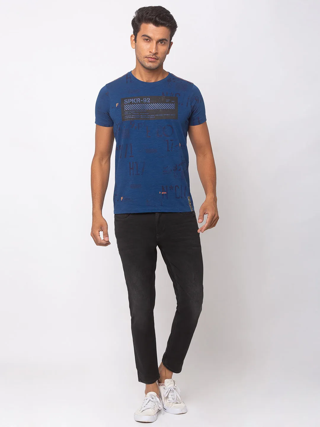 Spykar Ink Blue Cotton Men T-Shirts