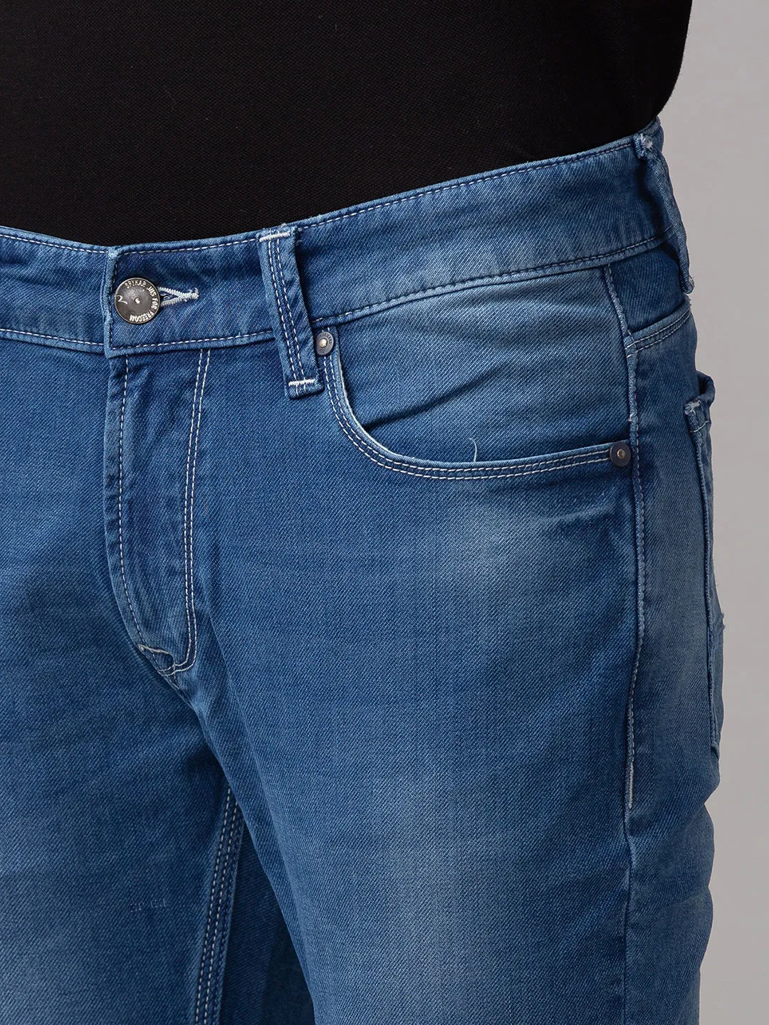 Spykar Men Blue Cotton Mid Rise Slim Fit Tapered Leg Ankle Length Jeans (Kano)