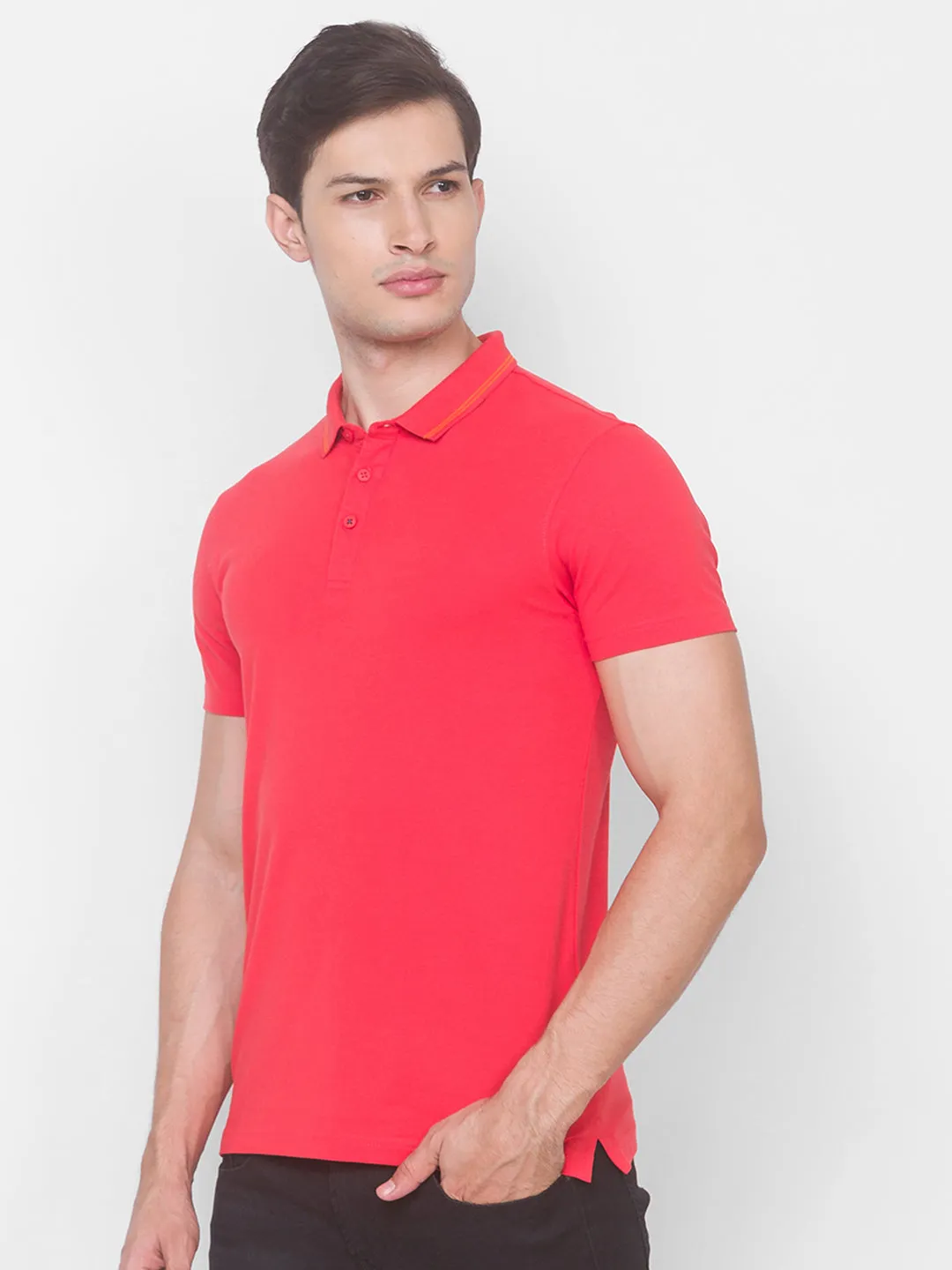 Spykar Men Coral Cotton Slim Fit Polo T-Shirt